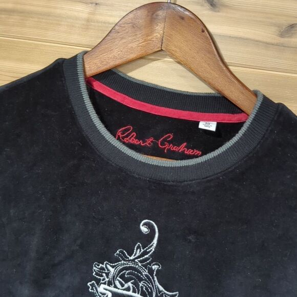 Robert Graham Top Mens Medium Black Velour Pullover Embroidered Logo - Picture 2 of 8